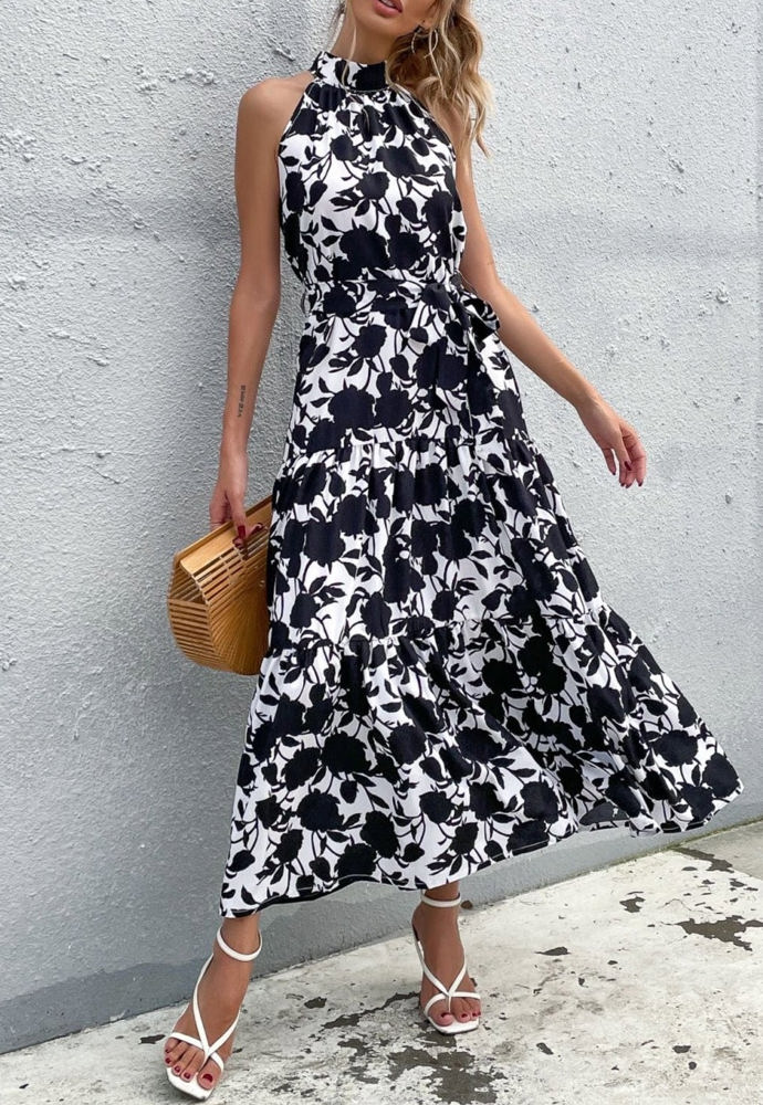 Floral Bold Print Halter Neck Tiered Ruffle Maxi Dress