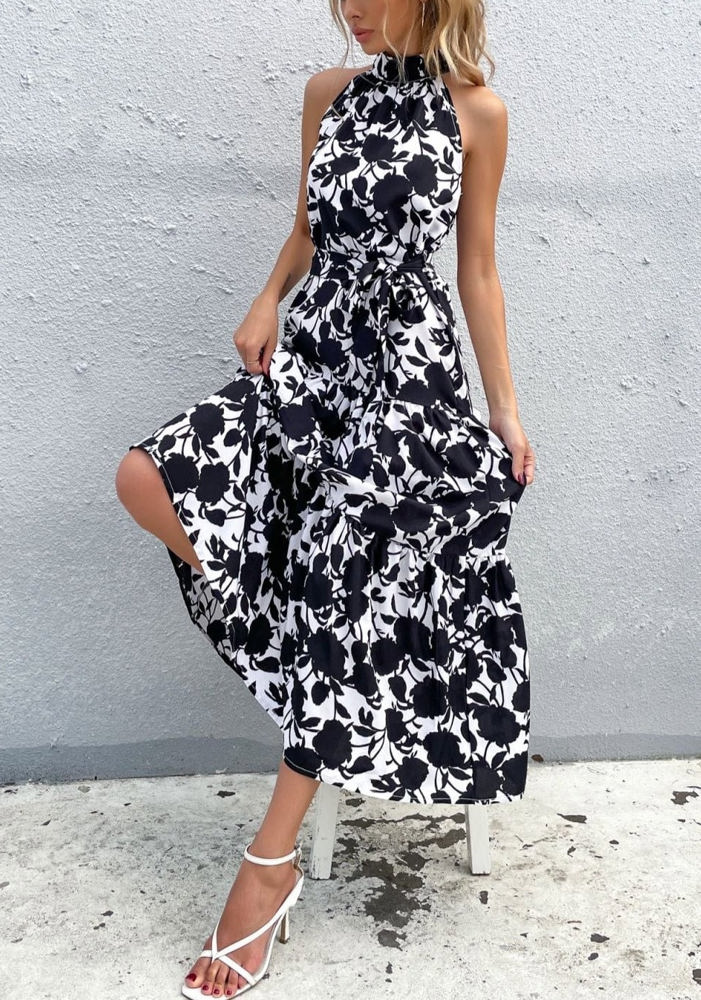 Floral Bold Print Halter Neck Tiered Ruffle Maxi Dress