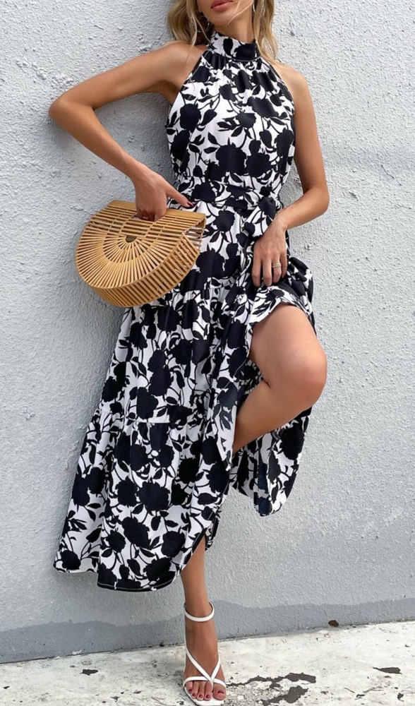 Floral Bold Print Halter Neck Tiered Ruffle Maxi Dress