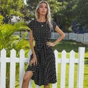 Black Large Cap Sleeve Midi Dress with Polka Dot Print and Tie Waist Detail