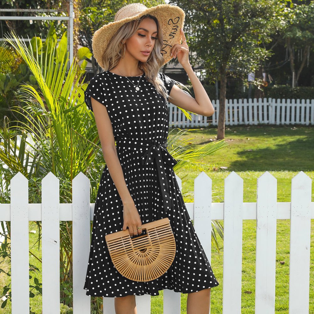 Cap Sleeve Midi Dress with Polka Dot Print and Tie Waist Detail