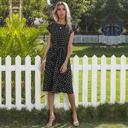 Black Large Cap Sleeve Midi Dress with Polka Dot Print and Tie Waist Detail