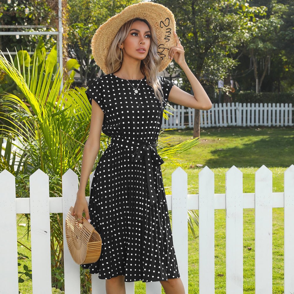 Cap Sleeve Midi Dress with Polka Dot Print and Tie Waist Detail