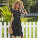 Black Large Cap Sleeve Midi Dress with Polka Dot Print and Tie Waist Detail