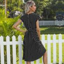 Black Large Cap Sleeve Midi Dress with Polka Dot Print and Tie Waist Detail