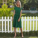 Green Large Cap Sleeve Midi Dress with Polka Dot Print and Tie Waist Detail