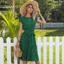 Green Large Cap Sleeve Midi Dress with Polka Dot Print and Tie Waist Detail