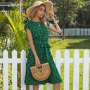 Green Large Cap Sleeve Midi Dress with Polka Dot Print and Tie Waist Detail