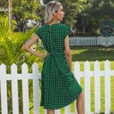 Green Large Cap Sleeve Midi Dress with Polka Dot Print and Tie Waist Detail