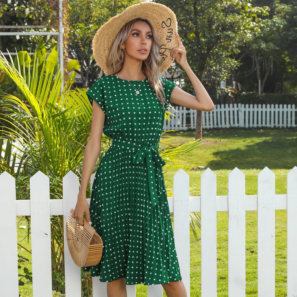 Cap Sleeve Midi Dress with Polka Dot Print and Tie Waist Detail