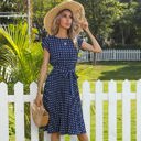 Multicolored Large Cap Sleeve Midi Dress with Polka Dot Print and Tie Waist Detail