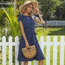 Multicolored Large Cap Sleeve Midi Dress with Polka Dot Print and Tie Waist Detail