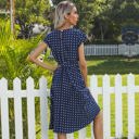 Multicolored Large Cap Sleeve Midi Dress with Polka Dot Print and Tie Waist Detail