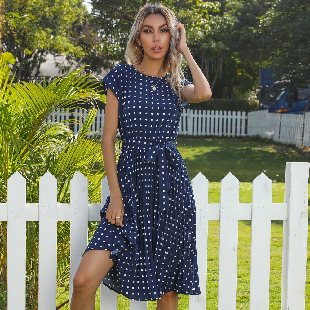 Cap Sleeve Midi Dress with Polka Dot Print and Tie Waist Detail