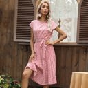 Pink Large Cap Sleeve Midi Dress with Polka Dot Print and Tie Waist Detail