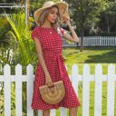 Red Large Cap Sleeve Midi Dress with Polka Dot Print and Tie Waist Detail