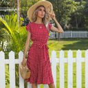 Red Large Cap Sleeve Midi Dress with Polka Dot Print and Tie Waist Detail