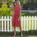 Red Large Cap Sleeve Midi Dress with Polka Dot Print and Tie Waist Detail