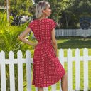 Red Large Cap Sleeve Midi Dress with Polka Dot Print and Tie Waist Detail