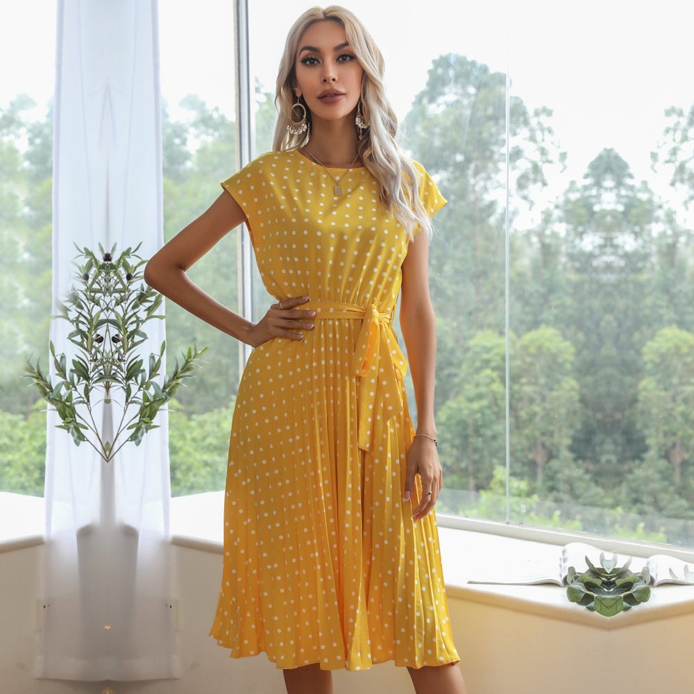 Cap Sleeve Midi Dress with Polka Dot Print and Tie Waist Detail