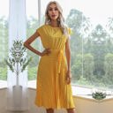 Yellow Large Cap Sleeve Midi Dress with Polka Dot Print and Tie Waist Detail