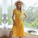 Yellow Large Cap Sleeve Midi Dress with Polka Dot Print and Tie Waist Detail