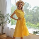 Yellow Large Cap Sleeve Midi Dress with Polka Dot Print and Tie Waist Detail