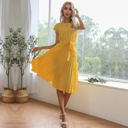 Yellow Large Cap Sleeve Midi Dress with Polka Dot Print and Tie Waist Detail