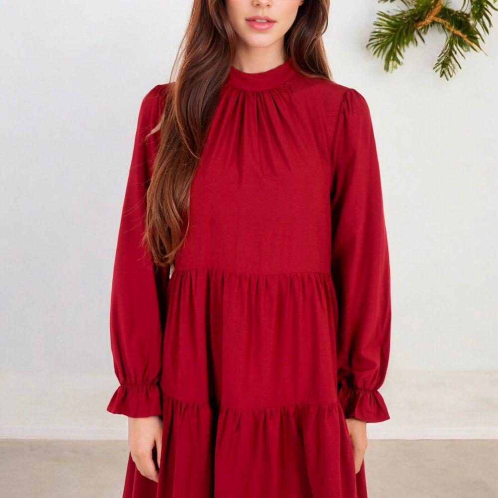 High Neck Tiered Swing Dress with Long Sleeves