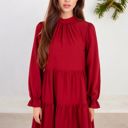  High Neck Tiered Swing Dress with Long Sleeves