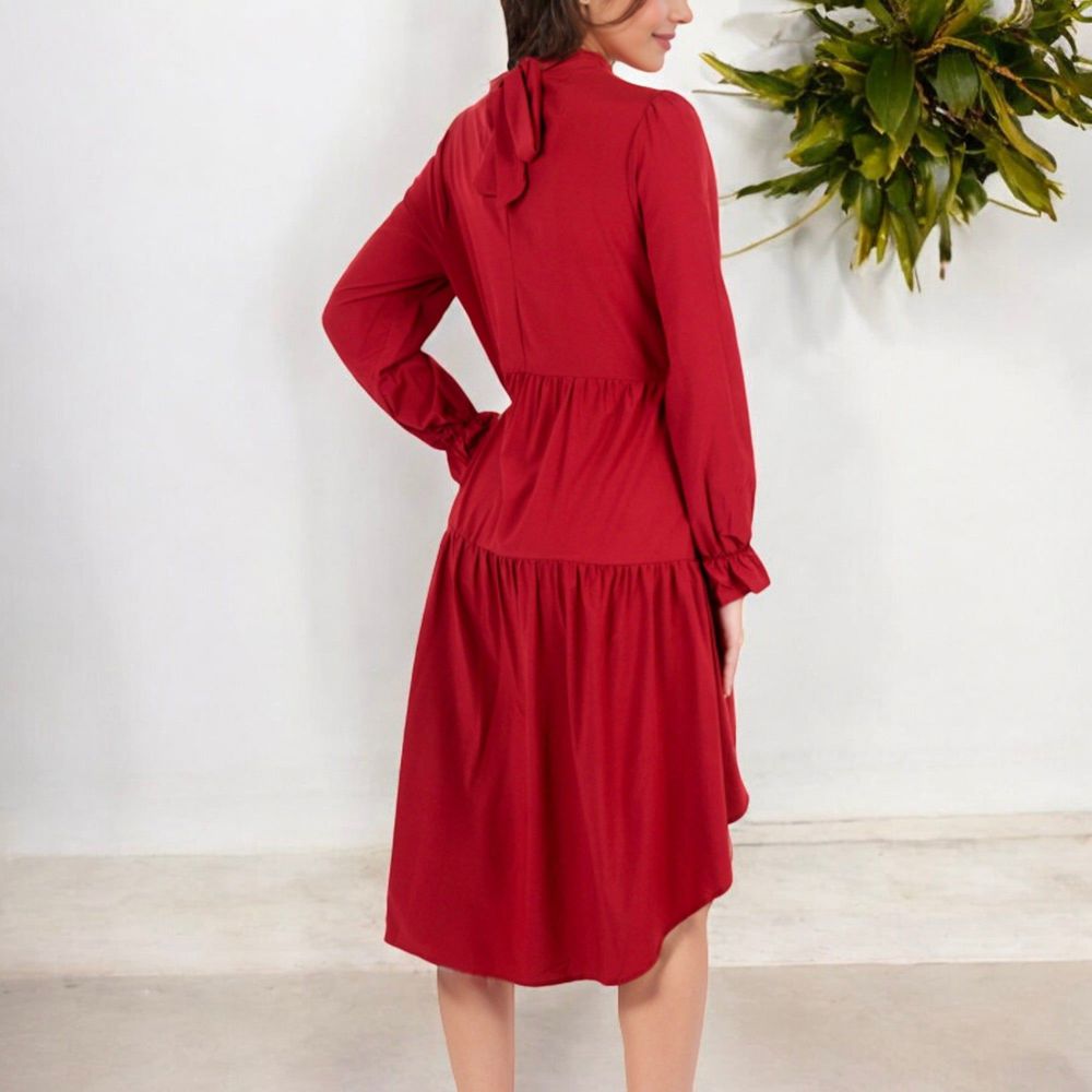 High Neck Tiered Swing Dress with Long Sleeves