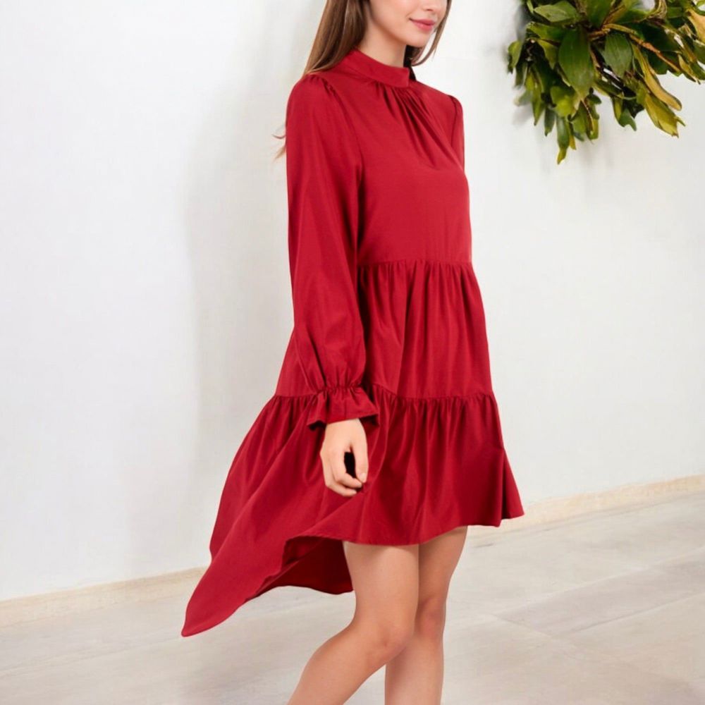 High Neck Tiered Swing Dress with Long Sleeves