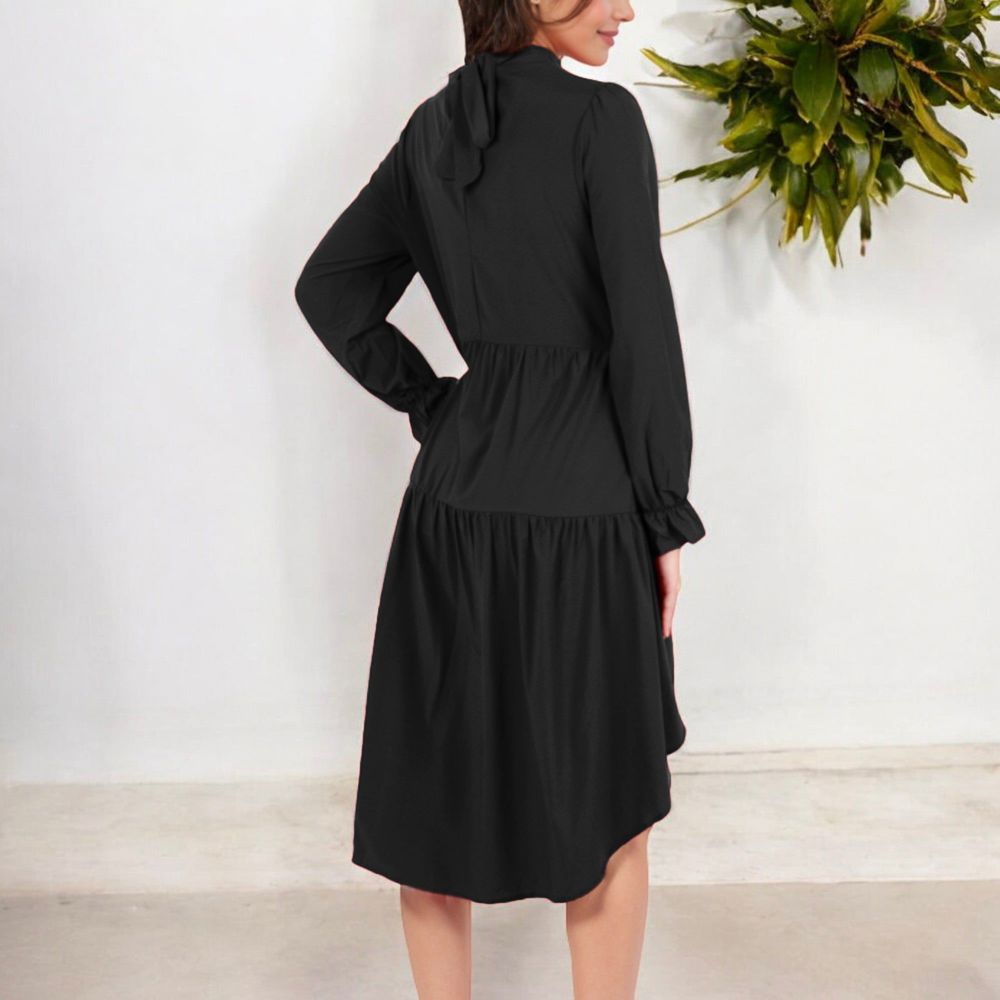 High Neck Tiered Swing Dress with Long Sleeves