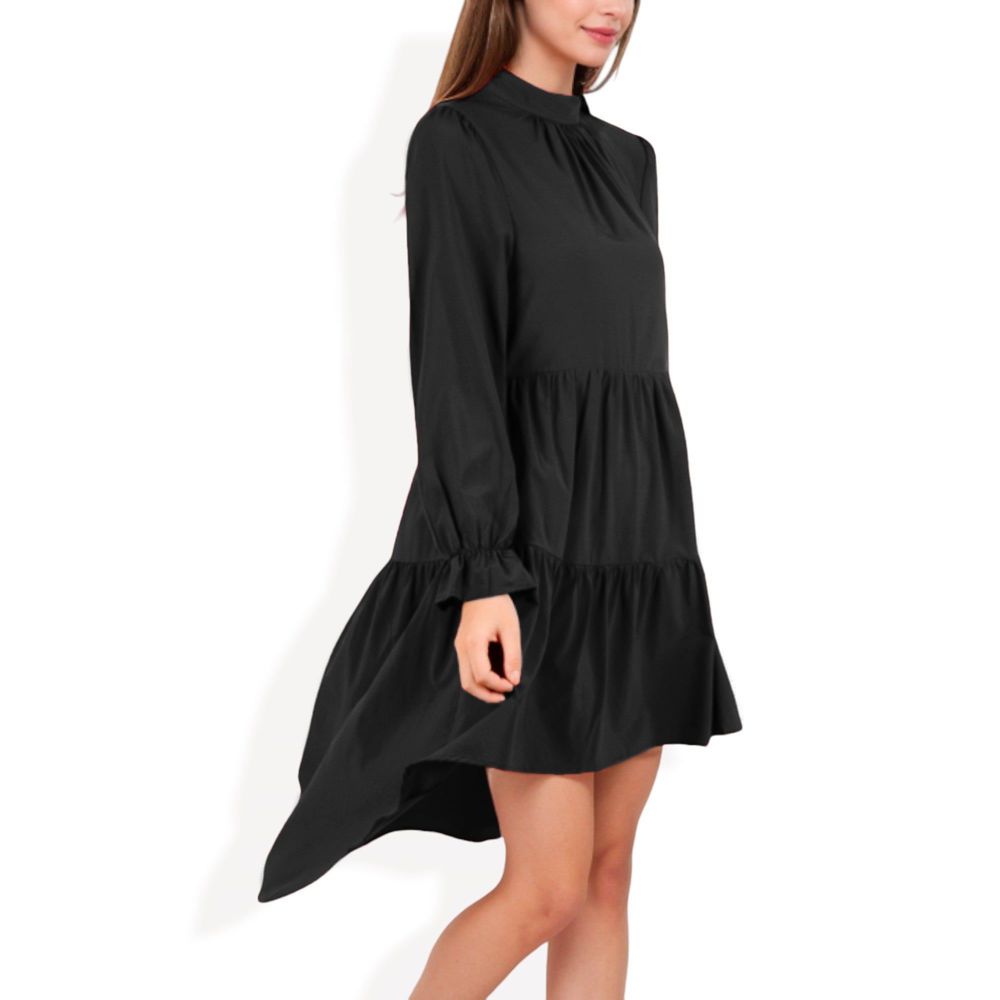 High Neck Tiered Swing Dress with Long Sleeves