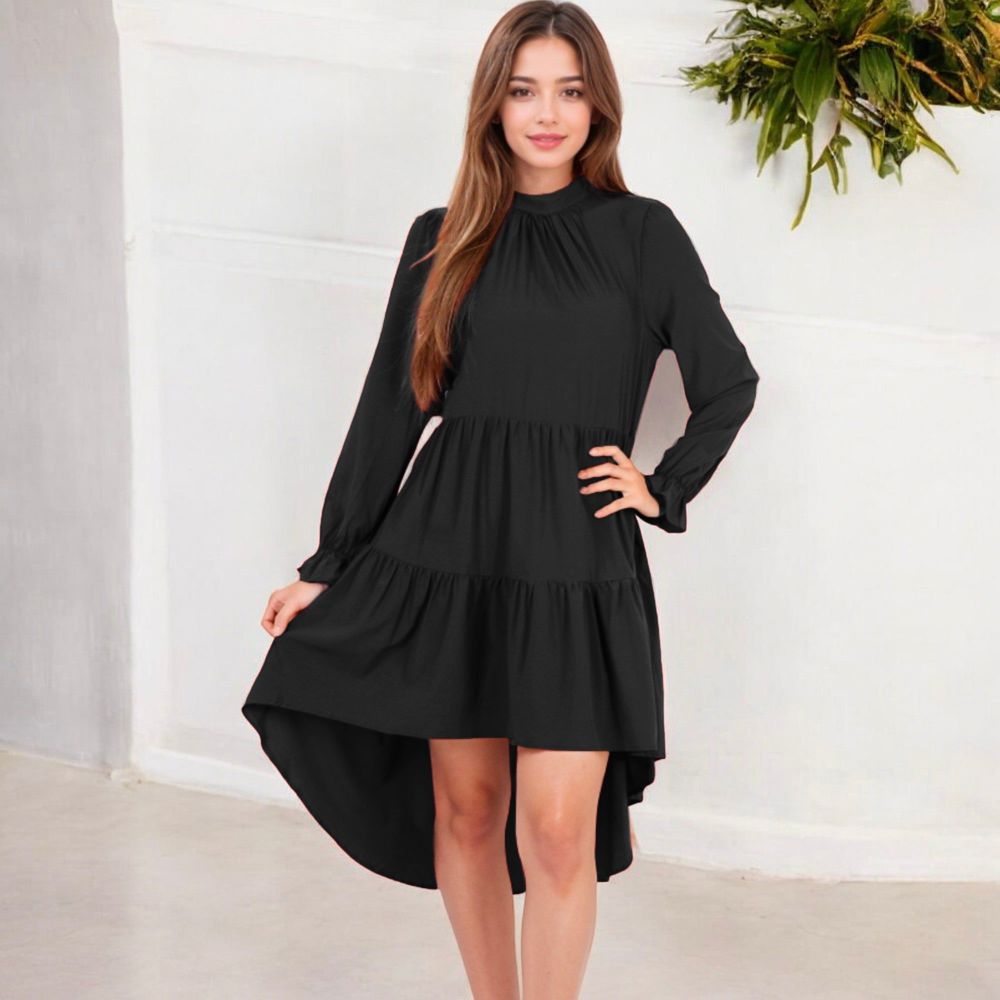 High Neck Tiered Swing Dress with Long Sleeves