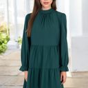 Green Large High Neck Tiered Swing Dress with Long Sleeves