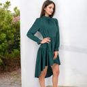 Green Large High Neck Tiered Swing Dress with Long Sleeves