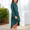 Green Large High Neck Tiered Swing Dress with Long Sleeves