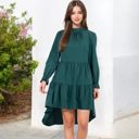 Green Large High Neck Tiered Swing Dress with Long Sleeves