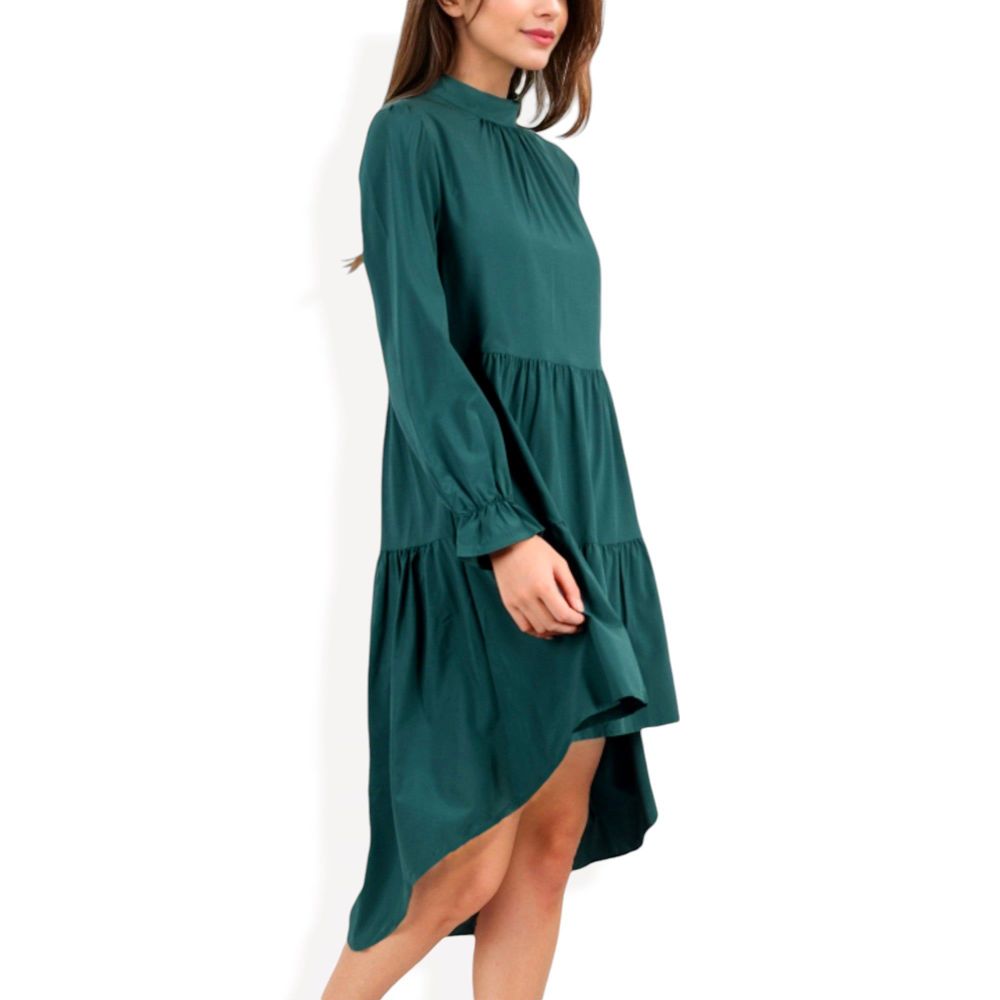 High Neck Tiered Swing Dress with Long Sleeves