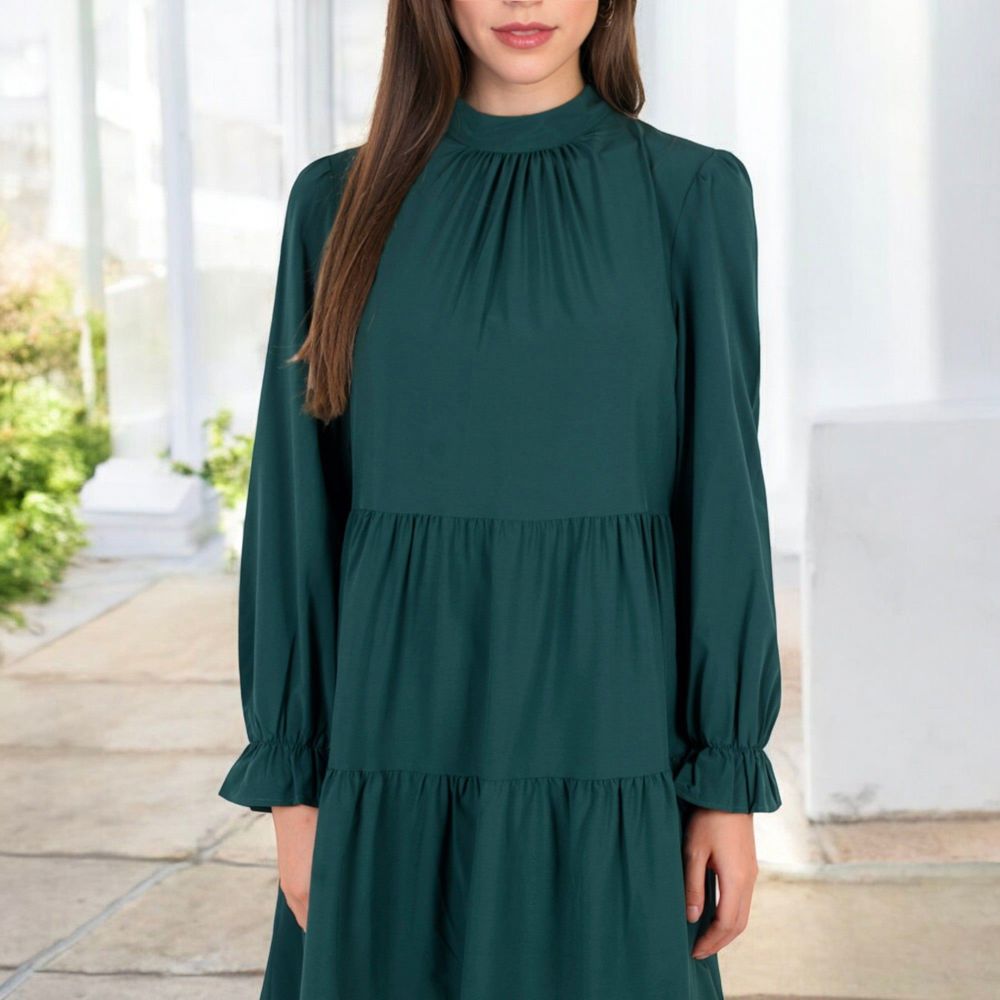 High Neck Tiered Swing Dress with Long Sleeves