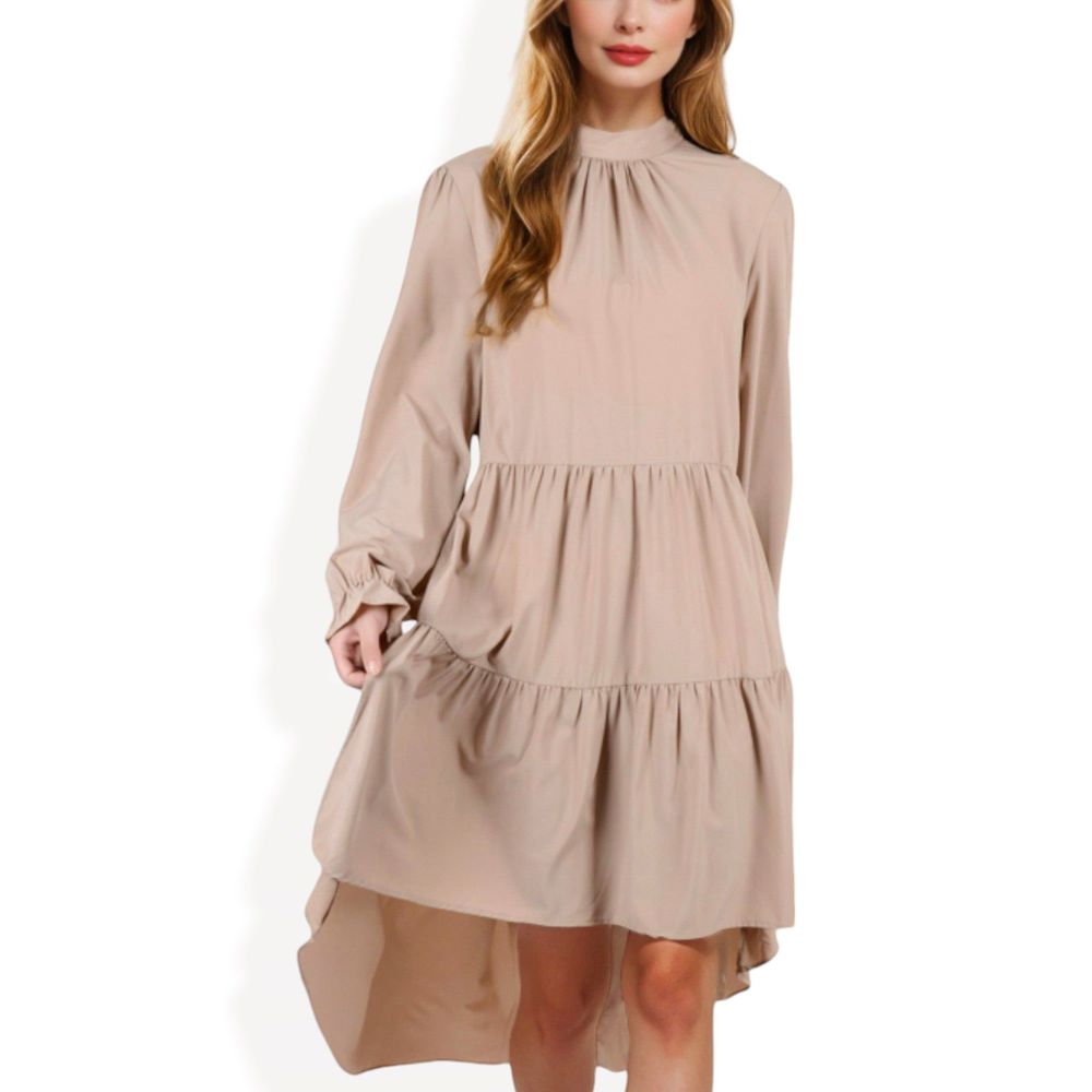 High Neck Tiered Swing Dress with Long Sleeves