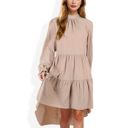 Beige Large High Neck Tiered Swing Dress with Long Sleeves