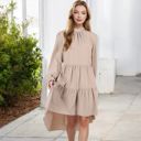 Beige Large High Neck Tiered Swing Dress with Long Sleeves