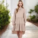 Beige Large High Neck Tiered Swing Dress with Long Sleeves