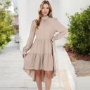 Beige Large High Neck Tiered Swing Dress with Long Sleeves