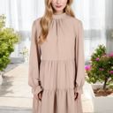 Beige Large High Neck Tiered Swing Dress with Long Sleeves