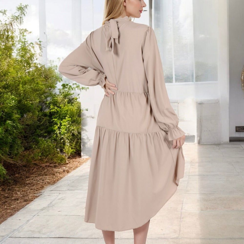 High Neck Tiered Swing Dress with Long Sleeves