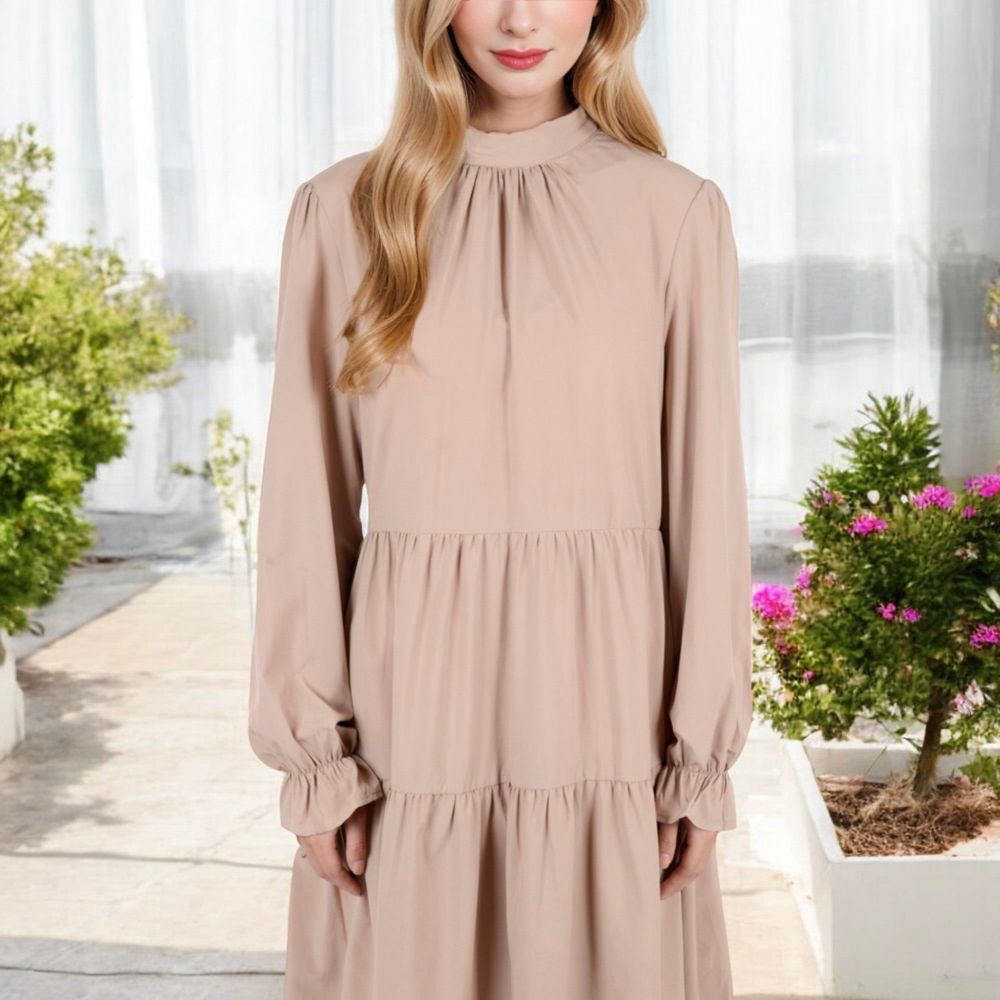 High Neck Tiered Swing Dress with Long Sleeves