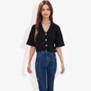 Black Large Short Sleeve Button Down Shirt with V-Neckline